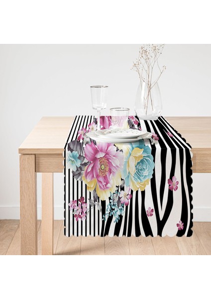 Siyah Beyaz Zebra Zeminde Çiçek Desenli Özel Tasarım Dijital Baskılı Modern Runner fiyatları