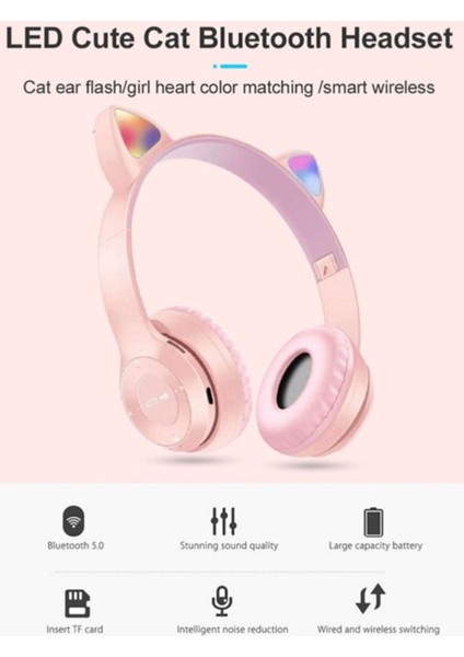 P47 Yeni Nesil Şık Tasarım LED Işıklı Kablosuz Bluetooth 5.0 Kedili Kulaklık