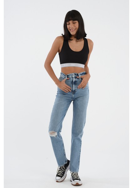 Açık Mavi Yüksek Bel Slim Straight Fit Dizi Yıpratmalı Fermuarlı Jean Pantolon C 4694-005