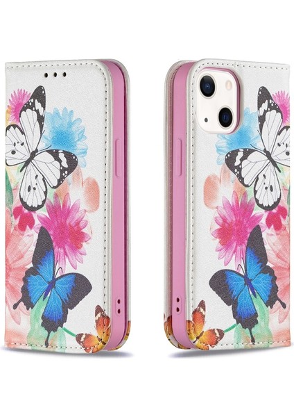 iPhone 13 Mini 5.4 Inç Uyumlu Desen Baskılı Deri Cüzdan Tpu Telefon Kılıfı - Renkli (Yurt Dışından)