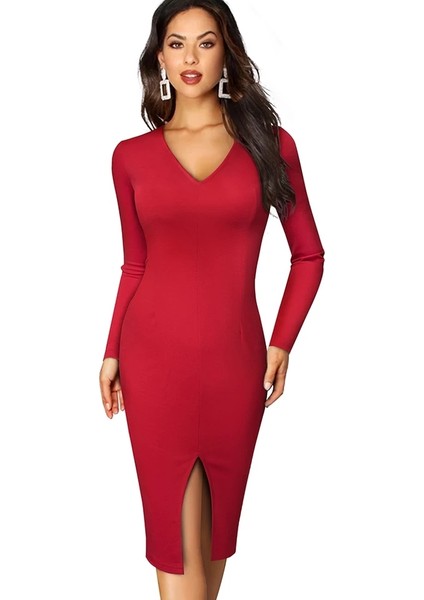 The Stylists's Boutique Yırtmaçlı Kırmızı Kalem Elbise