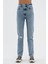 Açık Mavi Yüksek Bel Slim Straight Fit Dizi Yıpratmalı Fermuarlı Jean Pantolon C 4694-005 3