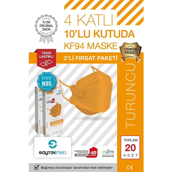 Saytekmed N95/FFP2 Kore Tipi 4 Katlı Turuncu Maske, Tekli Poşet, Uv Steril (2 Kutu/ 20 Adet)