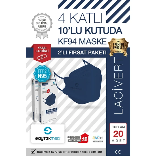 Saytekmed N95/FFP2 Kore Tipi 4 Katlı Lacivert Maske, Tekli Poşet, Uv Steril (2 Kutu/ 20 Adet)