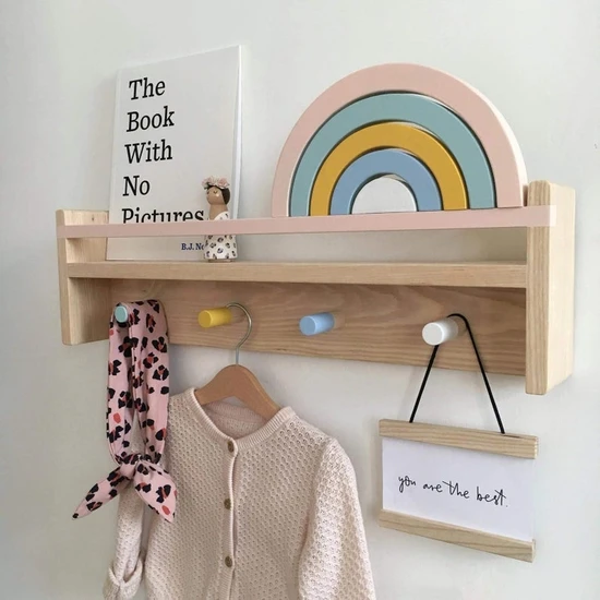 Lina Ahşap Diyarı  Ahşap Çocuk Odası Bebek Odası Montessori Raf, Kitaplık, Askılık