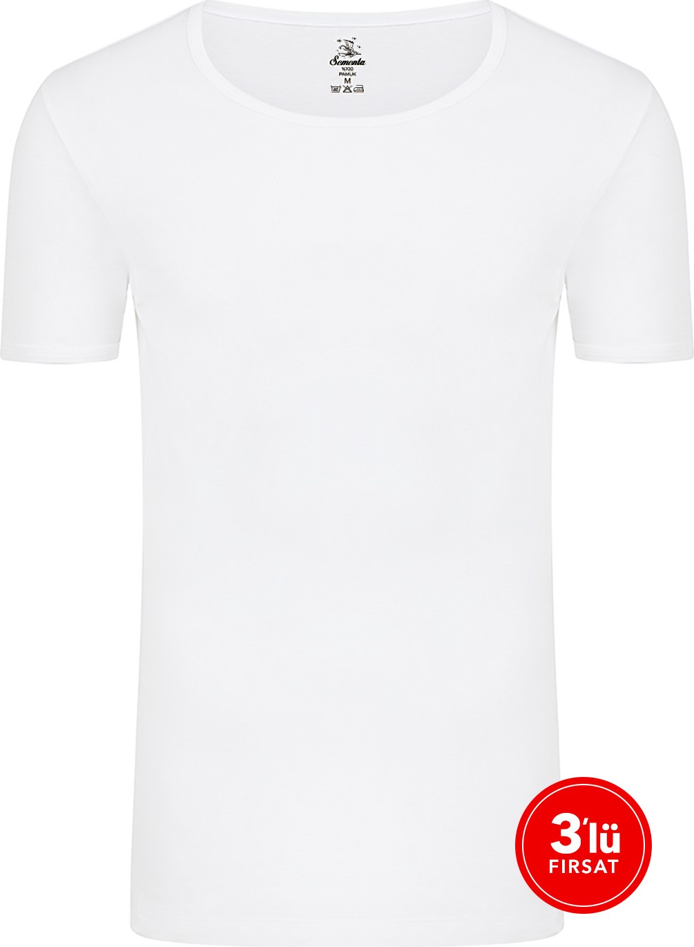 Sementa Erkek Pamuklu Sıfır Yaka Tshirt 3'lü Paket - Beyaz