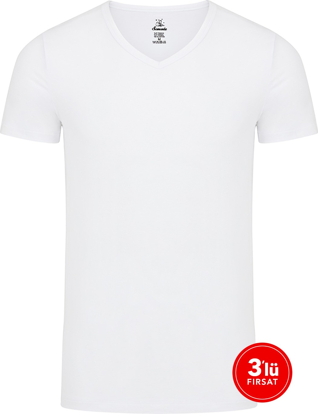 SAM Erkek Modal V Yaka Tshirt 3'lü Paket - Beyaz