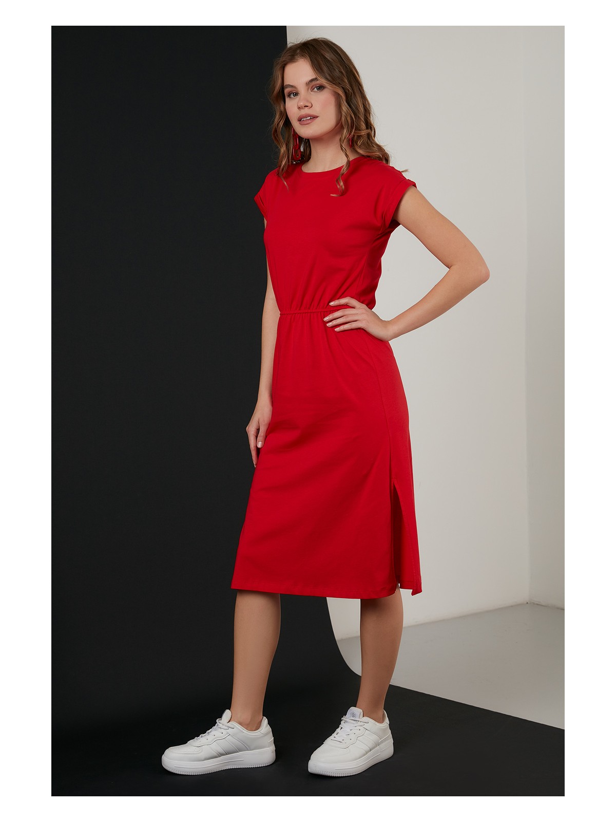 Lela Pamuklu Kısa Kollu Çift Yırtmaçlı Midi Elbise Bayan Elbise 5864205 - Görsel 3