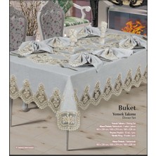 Finezza Buket Lüx Dantelli Simli Keten Kumaş Gri Masa Örtüsü ve Peçeteli Sofra Takımı 8 kişilik Dikdörtgen 160x230 cm 17 Parça - 173