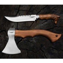 Outdoor Balta Kamp Nacak Budama Baltası (32 Cm) Çakı Kamp Bıçağı (33.5 Cm) Dövme Çelik (2'li Set)