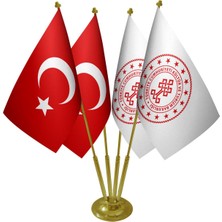 Satürn Masa Üstü Kültür ve Turizm Bakanlığı Bayrağı Türk Bayrağı Dörtlü Pirinç Direk Masa Bayrak Seti