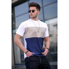 Madmext Erkek Renk Bloklu Beyaz Tişört 5826 Bisiklet Yaka %95 Polyester Konforlu Kullanım