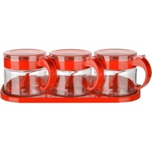 River World  Kırmızı 3'lü Standlı Kapaklı Kaşıklı Cam Hava Sızdırmaz Baharatlık Takımı