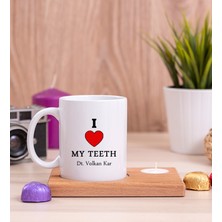 Hediye Dükkanı Kişiye Özel  Dişlerimi Seviyorum Ahşap Altlıklı Mumlu Beyaz Kupa Bardak