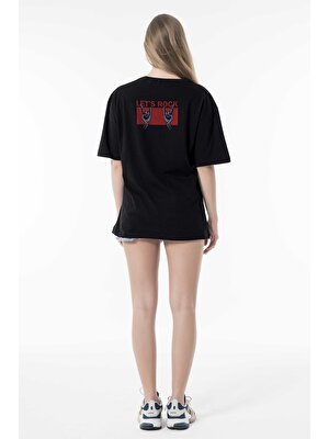 Phinzy Let's Rock! Sırt Baskılı Kadın Siyah Oversize Bol Kesim T-Shirt