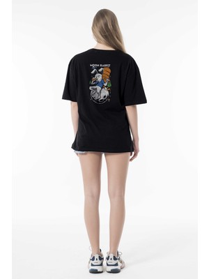 Phinzy Hungry Bunny Sırt Baskılı Kadın Siyah Oversize Bol Kesim T-Shirt