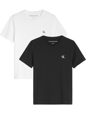 Calvin Klein IB0IB01093-2-PACK Monogram Top Bisiklet Yaka Normal Kalıp Düz Siyah - Beyaz Erkek Çocuk T-Shirt