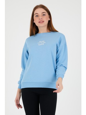 Kadın Oversize Yazı Baskılı 3 Iplik Sweatshirt Mavi