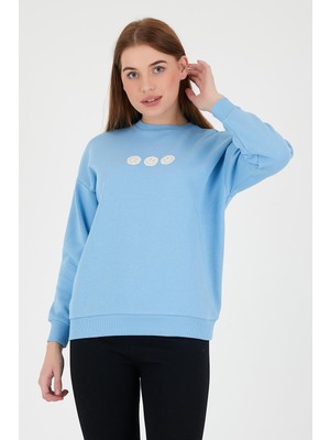 Kadın Oversize Baskılı Sweatshirt Mavi