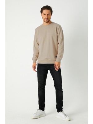 mmetalic Erkek Bej Basic Bisiklet Yaka Sweatshirt