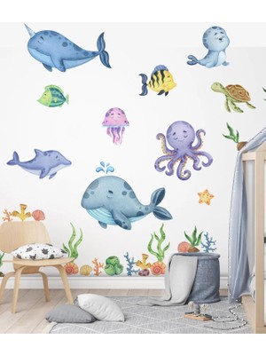 Msticker Eğitici Sevimli Deniz Hayvanları ve Bitkiler Sticker Seti (Büyük Boy)