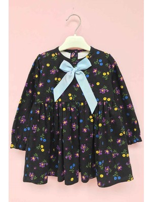 Bertuğ Bebek Renkli Çiçek Desenli Siyah Pazen Kız Çocuk Bebek Elbise