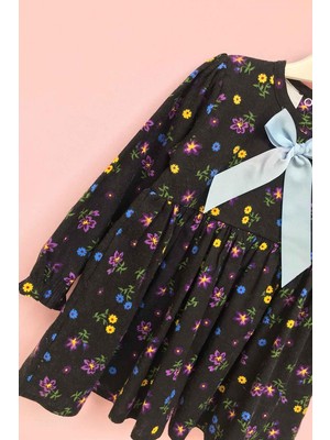 Bertuğ Bebek Renkli Çiçek Desenli Siyah Pazen Kız Çocuk Bebek Elbise