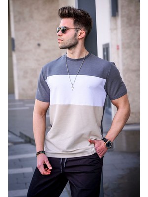 Madmext Erkek Renk Bloklu Füme Tişört Bisiklet Yaka %95 Polyester 5826