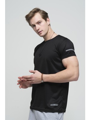 Oksit Mikro Polyester Performans Antrenman Tshirt Siyah Erkek Kısa Kol Düz Renk Özellikli