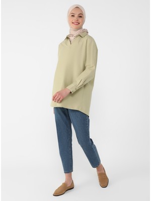Refka Gömlek Yakalı Arkası Uzun Poplin Bluz - Zeytin Yeşili - Refka Basic