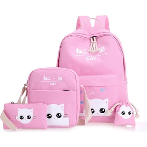 Easy Home 4 Parça Çizgi Film Desenli Kanvas Okul Çantası - Pembe (Yurt Dışından)