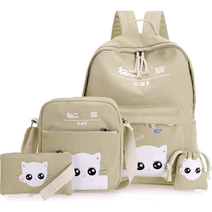 Easy Home Çizgi Film Sevimli Kanvas Baskılı Emoji Kedi Dört Parçalı Sırt Çantası Kore Okul Okulu Okul Çantası 4-6