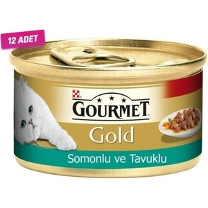 Gourmet Gold 12 Adet - Gourmet Gold Somon ve Tavuklu Yetişkin Kedi Konservesi 85 gr