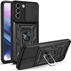 Samsung Galaxy S21 Fe 5g Ince Kaydırmalı Kamera Kapaklı ve Halka Tutucu Standlı Sağlam Zırh Koruma Çantası Siyah (Yurt Dışından)