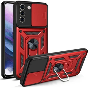 Samsung Galaxy S21 Fe 5g Ince Kaydırmalı Kamera Kapaklı ve Halka Tutucu Standlı Sağlam Zırh Koruma Çantası Kırmızı (Yurt Dışından)