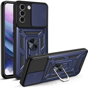 Samsung Galaxy S21 Fe 5g Ince Kaydırmalı Kamera Kapaklı ve Halka Tutucu Standlı Sağlam Zırh Koruma Çantası Mavi (Yurt Dışından)