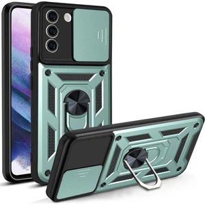 Samsung Galaxy S21 Fe 5g Ince Kaydırmalı Kamera Kapaklı ve Halka Tutucu Standlı Sağlam Zırh Koruma Çantası Yeşil (Yurt Dışından)