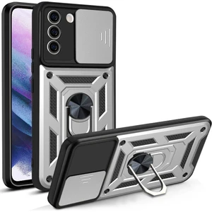 Samsung Galaxy S21 Fe 5g Ince Kaydırmalı Kamera Kapaklı ve Halka Tutucu Standlı Sağlam Zırh Koruma Çantası Gümüş (Yurt Dışından)