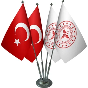 Masa Üstü Sağlık Bakanlığı Bayrağı Türk Bayrağı Dörtlü Krom Direk Masa Bayrak Seti