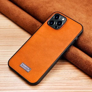 Apple iPhone 12 Pro Max Için Pu Deri Kaplamalı Tpu Telefon Kılıfı - Turuncu (Yurt Dışından)