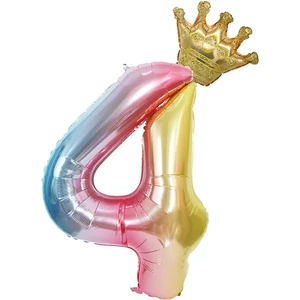 Patladı Gitti 4 Yaş Gökkuşağı Rakam ve Kral Tacı Folyo Balon Doğum Günü Parti Kutlama Seti
