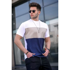 Erkek Renk Bloklu Beyaz Tişört 5826 Bisiklet Yaka %95 Polyester Konforlu Kullanım