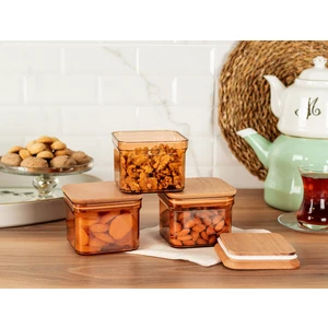 Madame Coco Kaviera Ahşap Kapaklı Saklama Kabı 3'lü - Amber - 500 ml