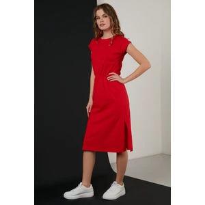 Pamuklu Kısa Kollu Çift Yırtmaçlı Midi Elbise Bayan Elbise 5864205