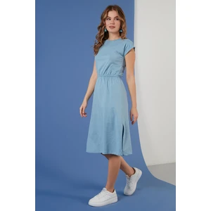 Pamuklu Kısa Kollu Çift Yırtmaçlı Midi Elbise Bayan Elbise 5864205