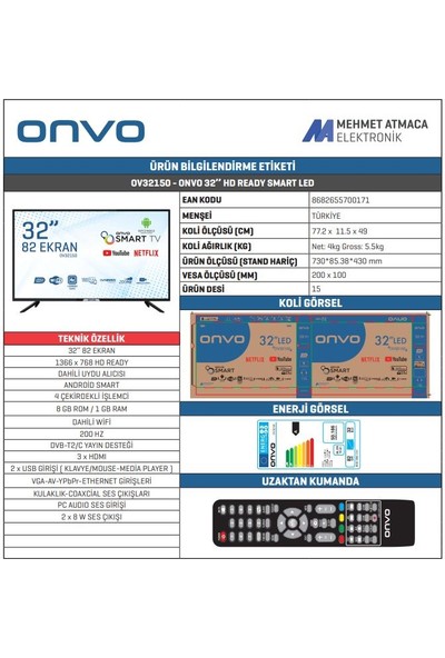Onvo OV32150 32'' 82 Ekran Uydu Alıcılı HD Android Smart LED TV
