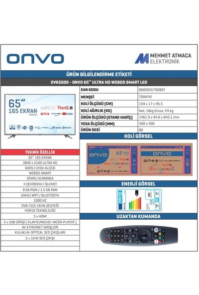 Onvo OV65500 65" 165 Ekran Uydu Alıcılı 4K Ultra HD Smart LED TV