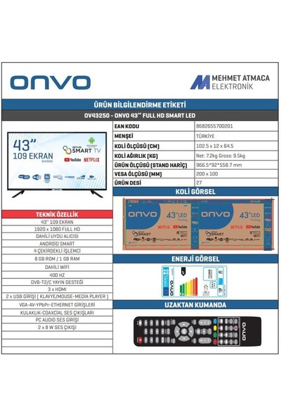 Onvo OV43250 43" 109 Ekran Uydu Alıcılı Full HD Android Smart LED TV