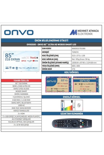 Onvo OV85500 85" 216 Ekran Uydu Alıcılı 4K Ultra HD webOS Smart LED TV