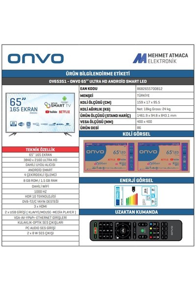 ONVO OV65351 65" 165 Ekran Uydu Alıcılı 4K Ultra HD Android Smart LED TV